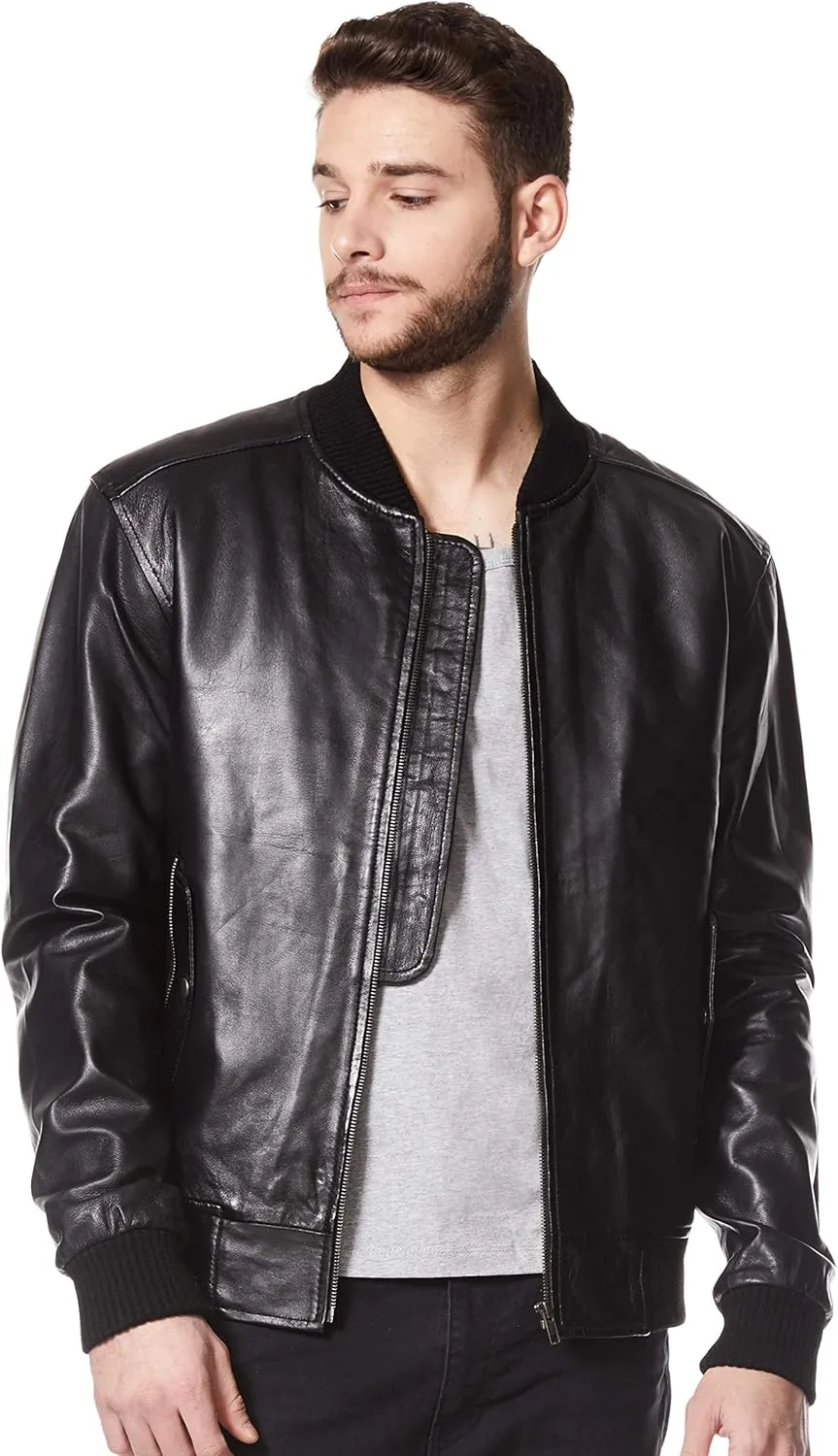 Men's 70's Bomber Leather Jacket Black Retro Style Soft Lambskin Leather 1229