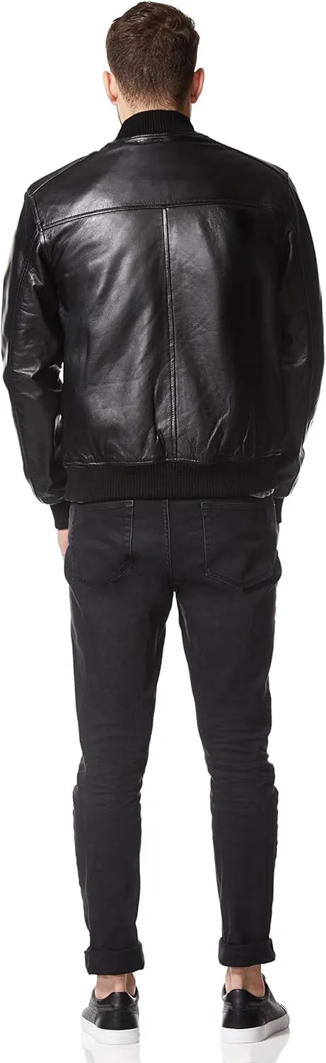 Men's 70's Bomber Leather Jacket Black Retro Style Soft Lambskin Leather 1229