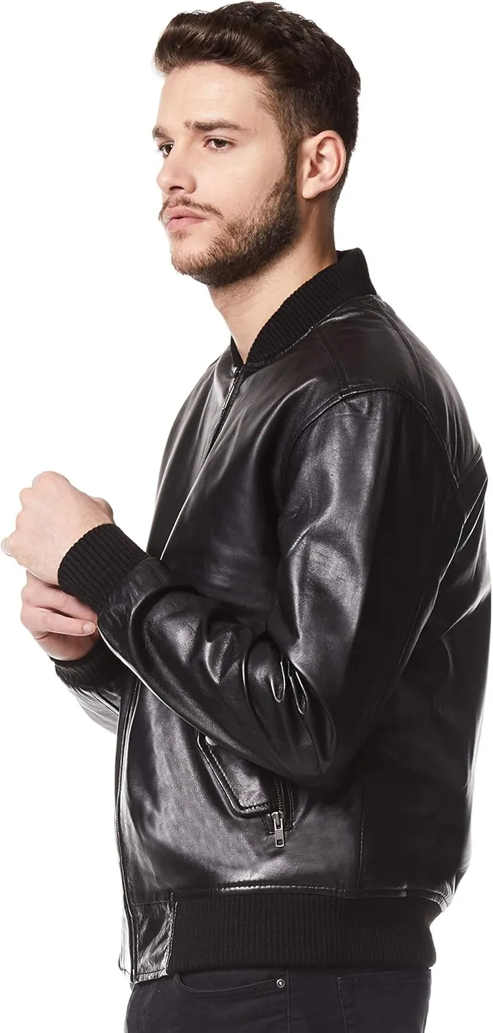 Men's 70's Bomber Leather Jacket Black Retro Style Soft Lambskin Leather 1229