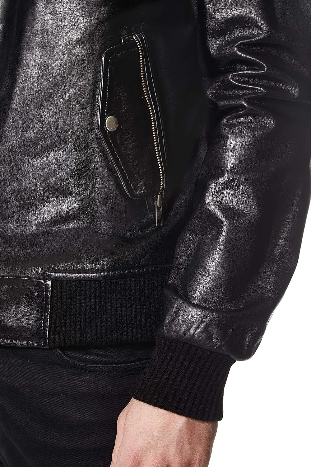 Men's 70's Bomber Leather Jacket Black Retro Style Soft Lambskin Leather 1229