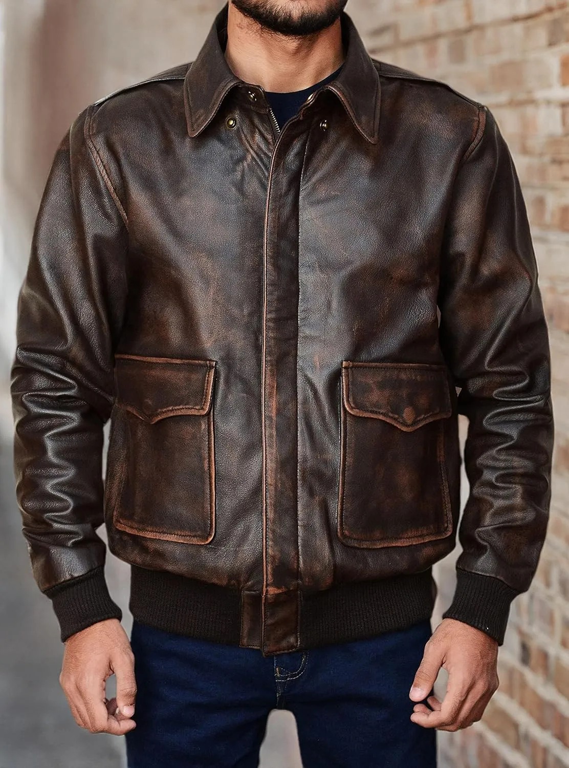 Mens A2 Leather Jacket WWII Air Force Flight Pilot Aviator Brown Bomber Leather Outerwear