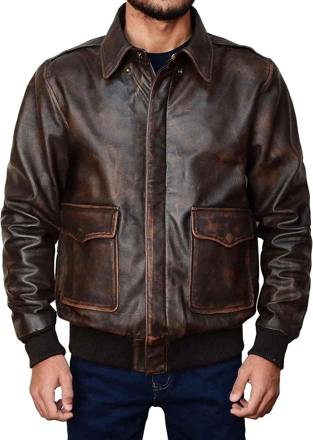 Mens A2 Leather Jacket WWII Air Force Flight Pilot Aviator Brown Bomber Leather Outerwear