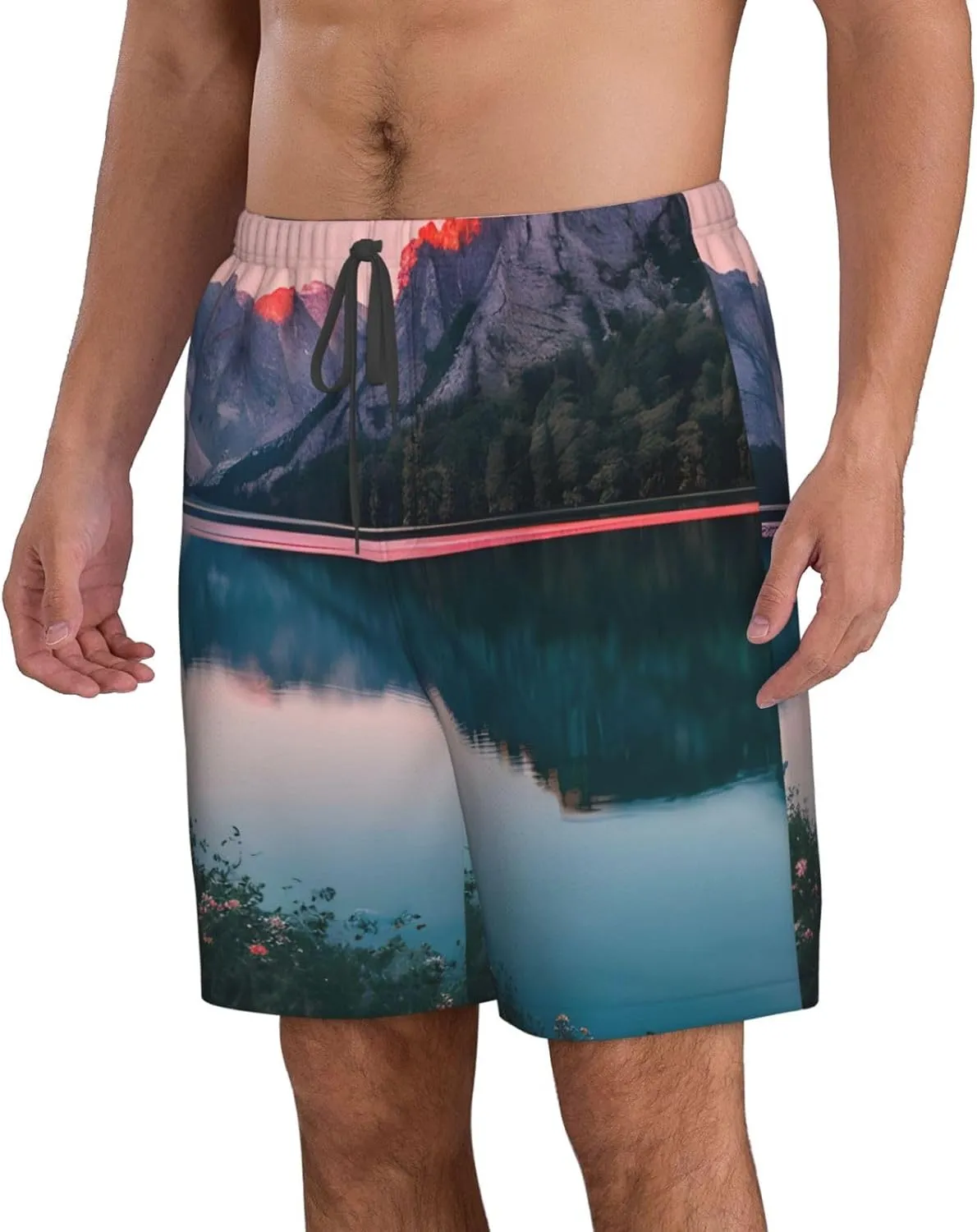 Men's Beach Shorts - Trunks with Pockets, Lake and Sunset Print Design, Suitable for Running, Walking, and Casual Wear