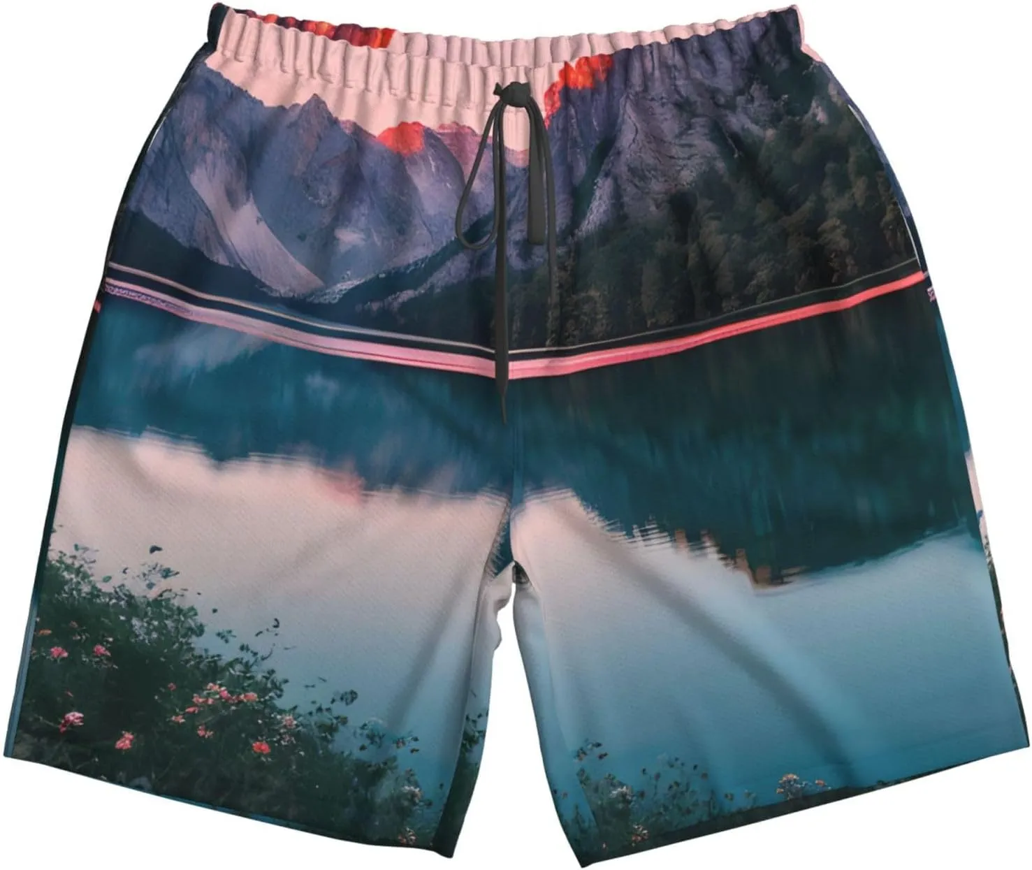 Men's Beach Shorts - Trunks with Pockets, Lake and Sunset Print Design, Suitable for Running, Walking, and Casual Wear