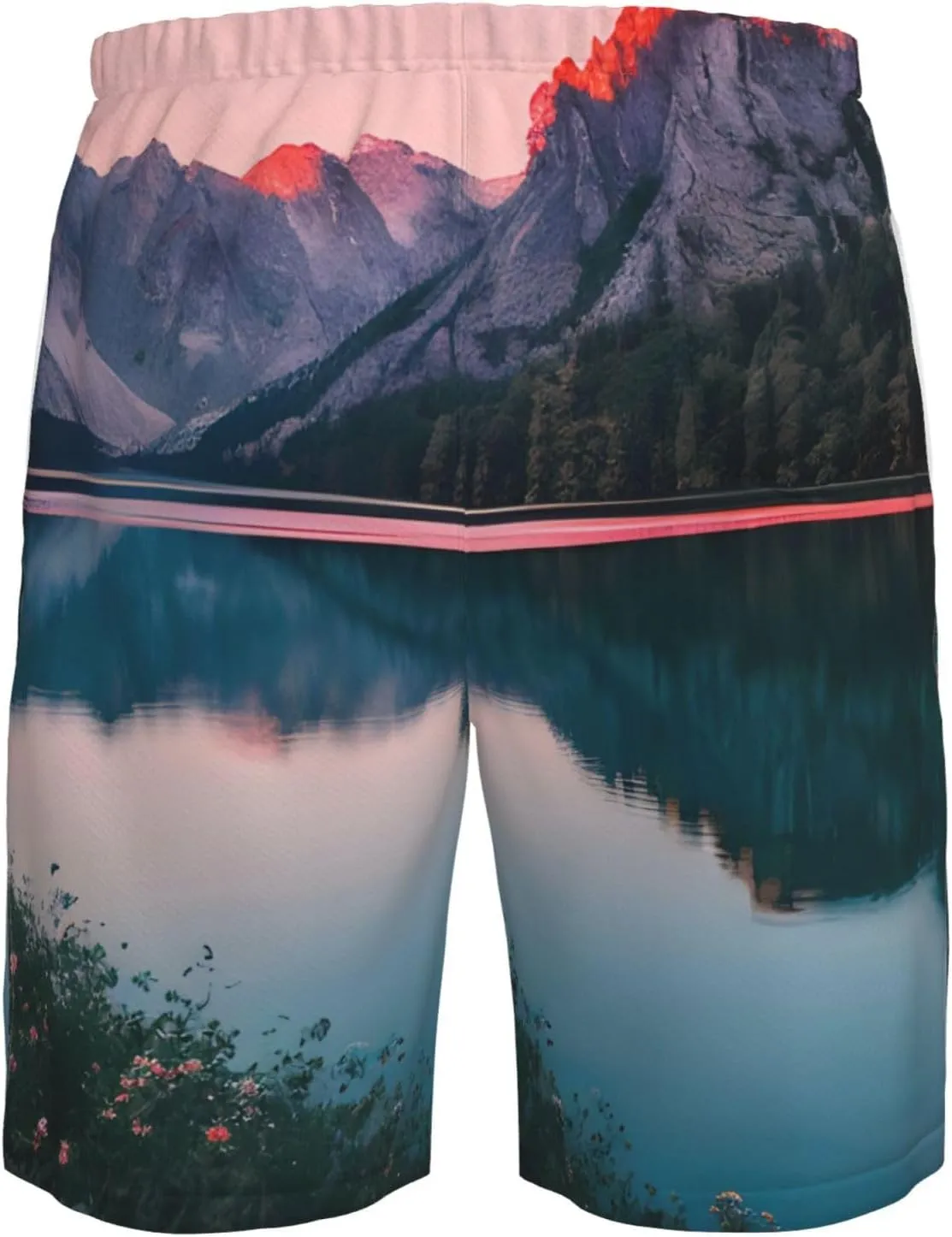 Men's Beach Shorts - Trunks with Pockets, Lake and Sunset Print Design, Suitable for Running, Walking, and Casual Wear