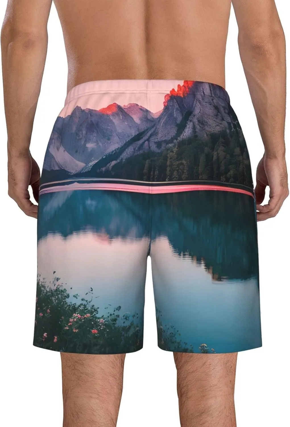 Men's Beach Shorts - Trunks with Pockets, Lake and Sunset Print Design, Suitable for Running, Walking, and Casual Wear