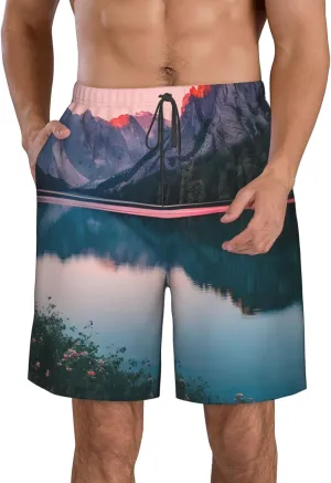 Men's Beach Shorts - Trunks with Pockets, Lake and Sunset Print Design, Suitable for Running, Walking, and Casual Wear