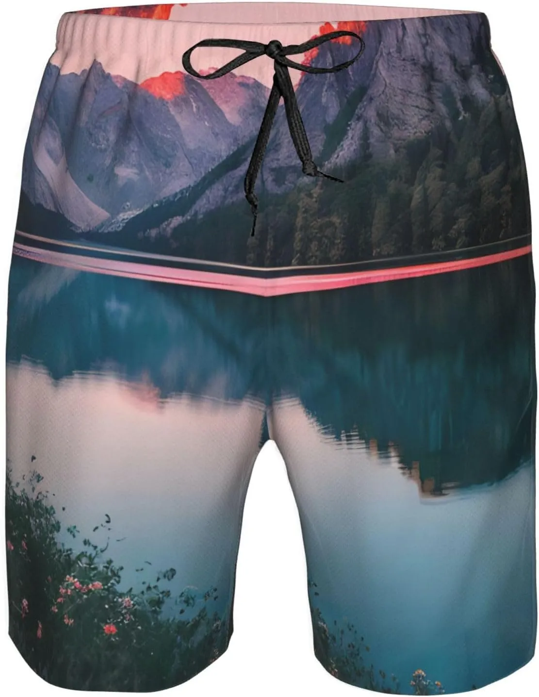 Men's Beach Shorts - Trunks with Pockets, Lake and Sunset Print Design, Suitable for Running, Walking, and Casual Wear