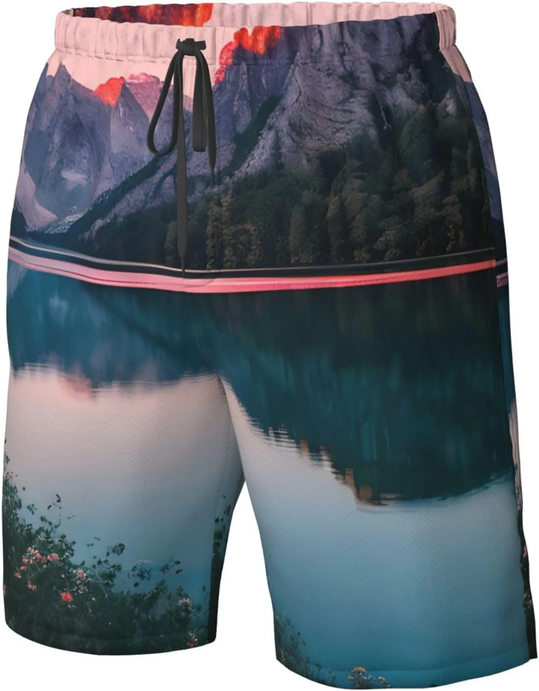 Men's Beach Shorts - Trunks with Pockets, Lake and Sunset Print Design, Suitable for Running, Walking, and Casual Wear