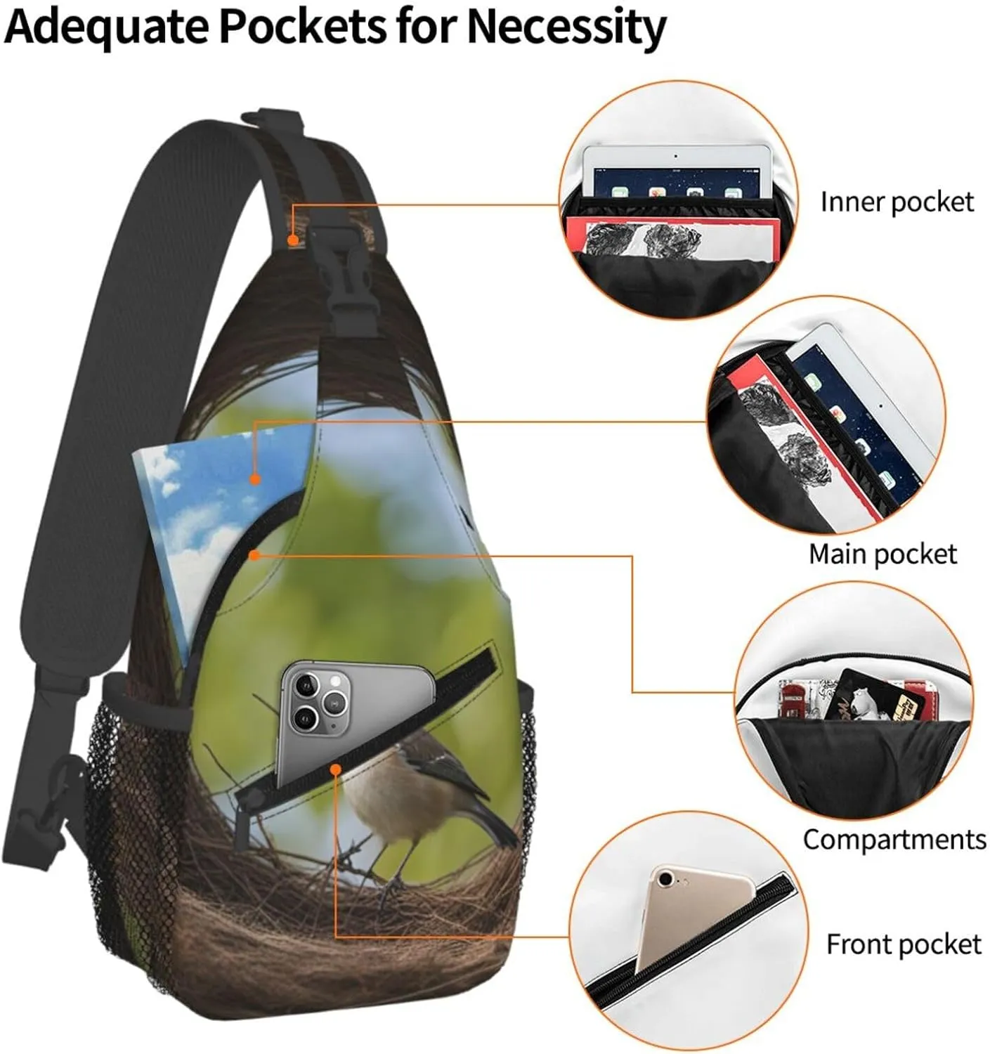 Men's Birds Nest Print Crossbody Shoulder Bag Travel Hiking Daypack for Women Crossbody Sling Backpack