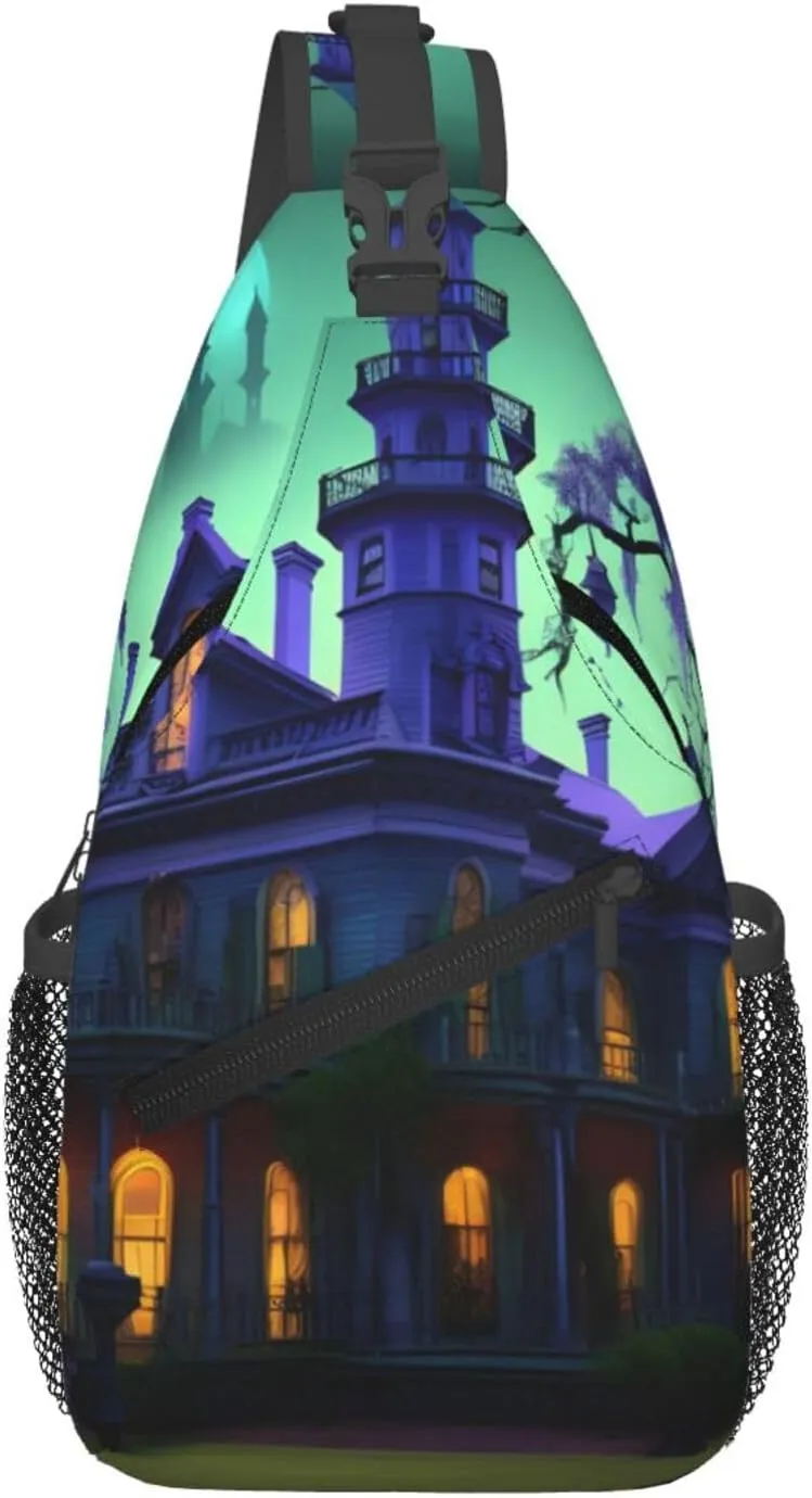 Men's Black Haunted Mansion Print Crossbody Shoulder Bag Travel Hiking Daypack for Women Crossbody Sling Backpack