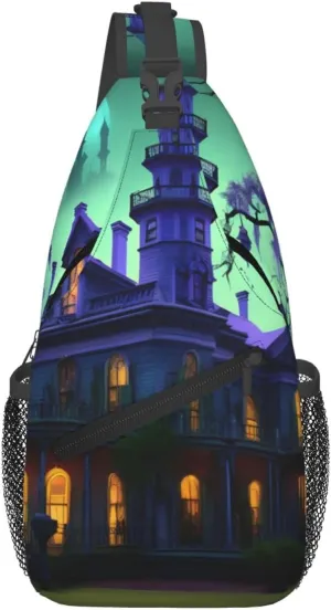 Men's Black Haunted Mansion Print Crossbody Shoulder Bag Travel Hiking Daypack for Women Crossbody Sling Backpack