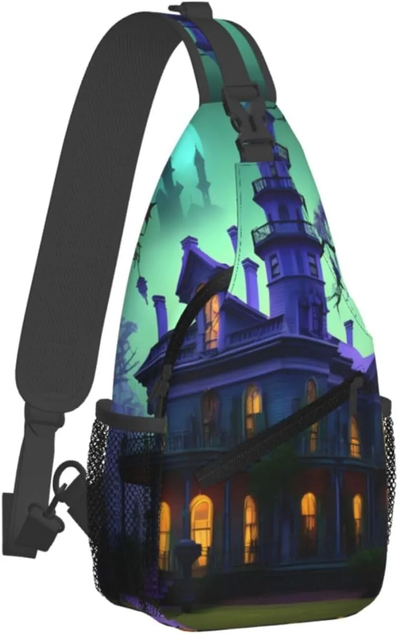 Men's Black Haunted Mansion Print Crossbody Shoulder Bag Travel Hiking Daypack for Women Crossbody Sling Backpack