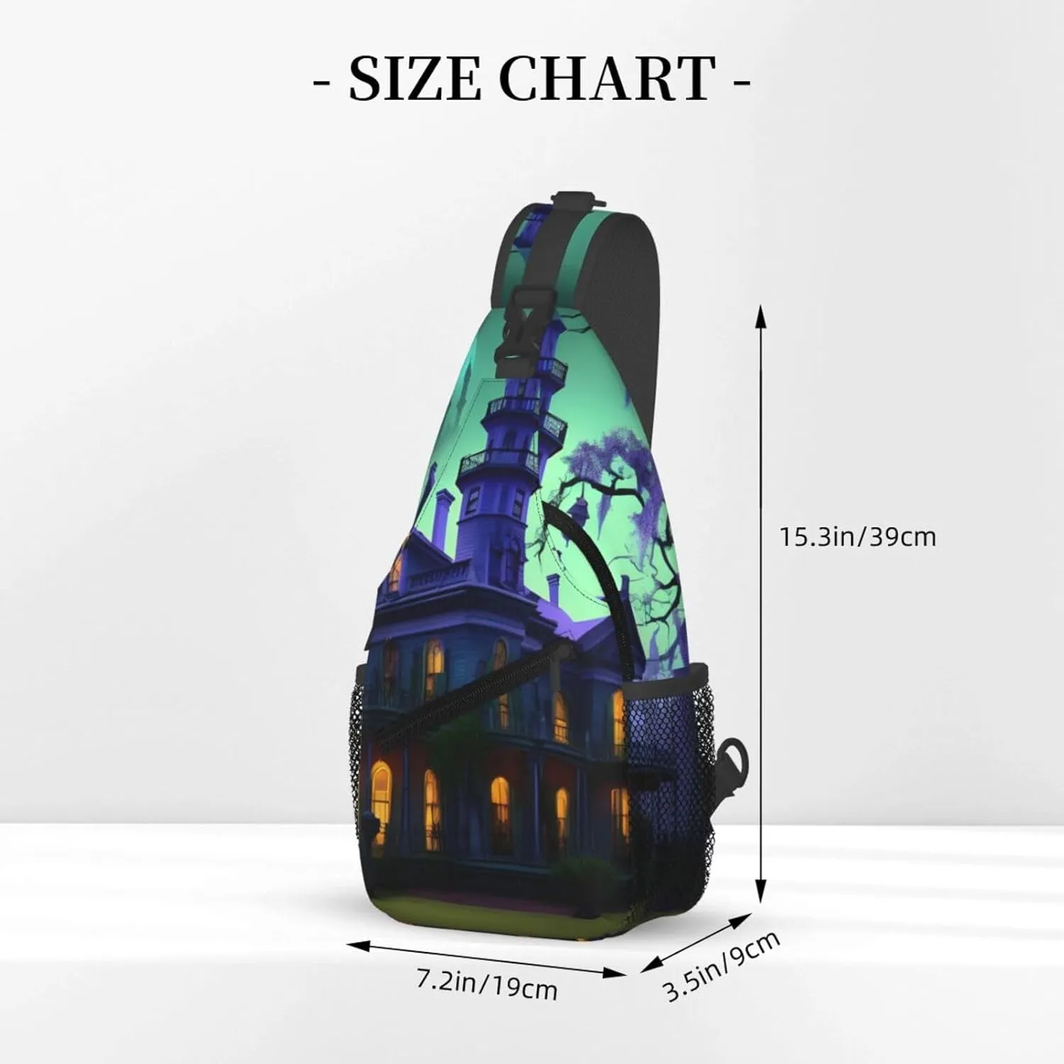 Men's Black Haunted Mansion Print Crossbody Shoulder Bag Travel Hiking Daypack for Women Crossbody Sling Backpack