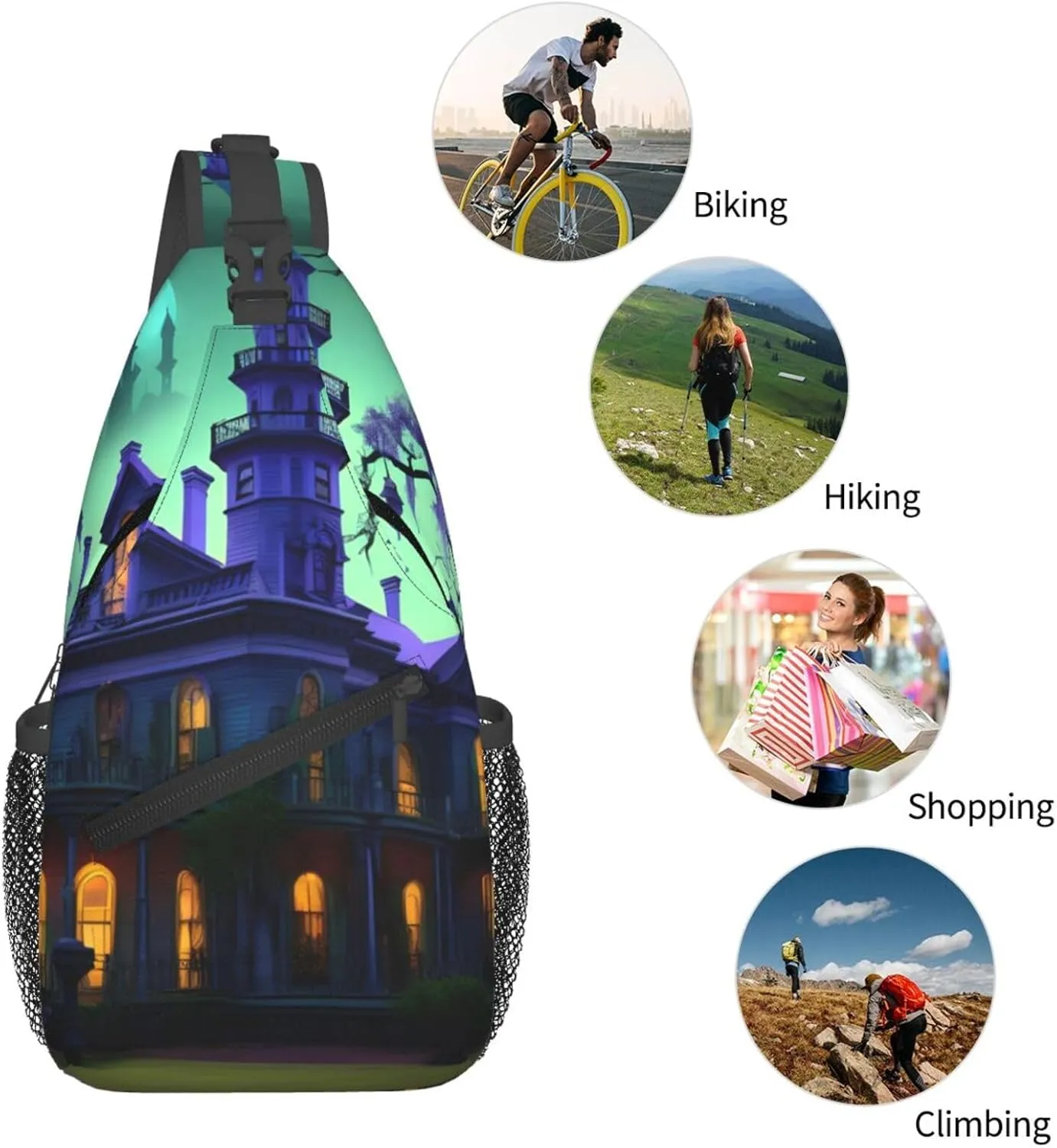 Men's Black Haunted Mansion Print Crossbody Shoulder Bag Travel Hiking Daypack for Women Crossbody Sling Backpack