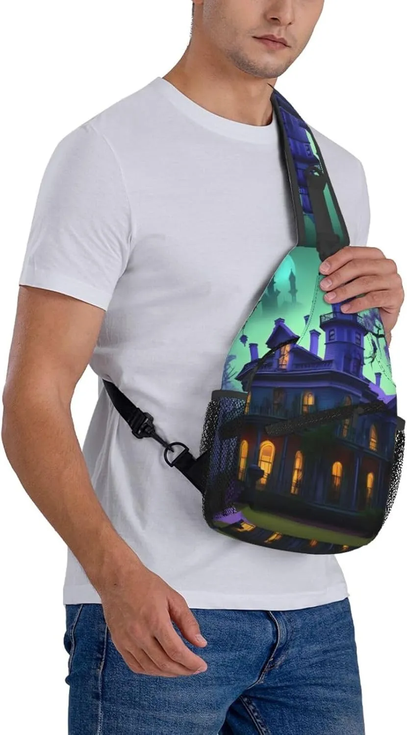 Men's Black Haunted Mansion Print Crossbody Shoulder Bag Travel Hiking Daypack for Women Crossbody Sling Backpack