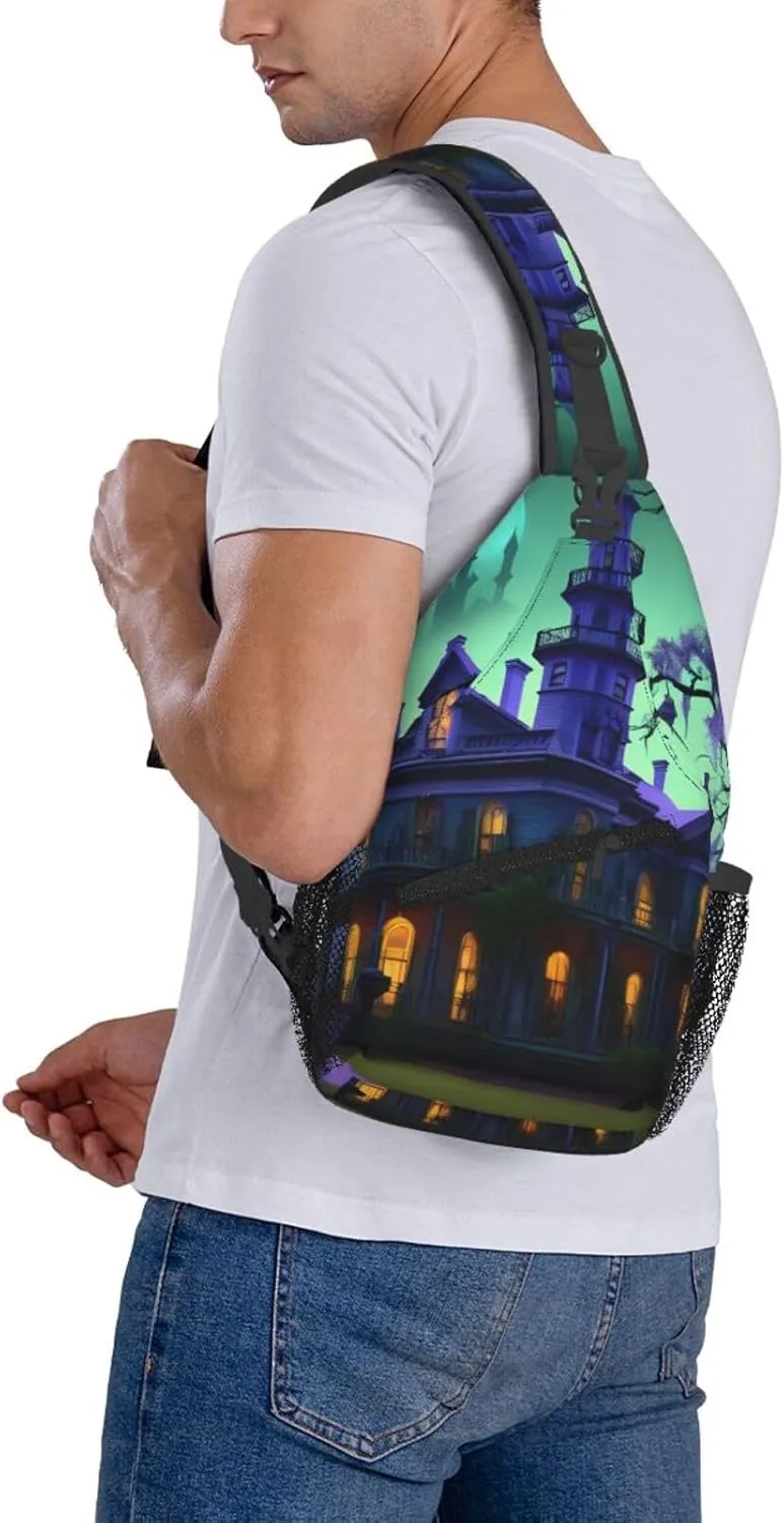 Men's Black Haunted Mansion Print Crossbody Shoulder Bag Travel Hiking Daypack for Women Crossbody Sling Backpack