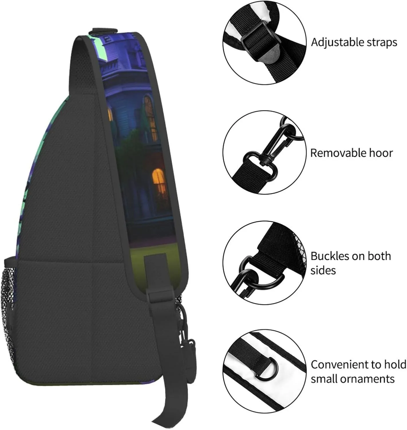 Men's Black Haunted Mansion Print Crossbody Shoulder Bag Travel Hiking Daypack for Women Crossbody Sling Backpack
