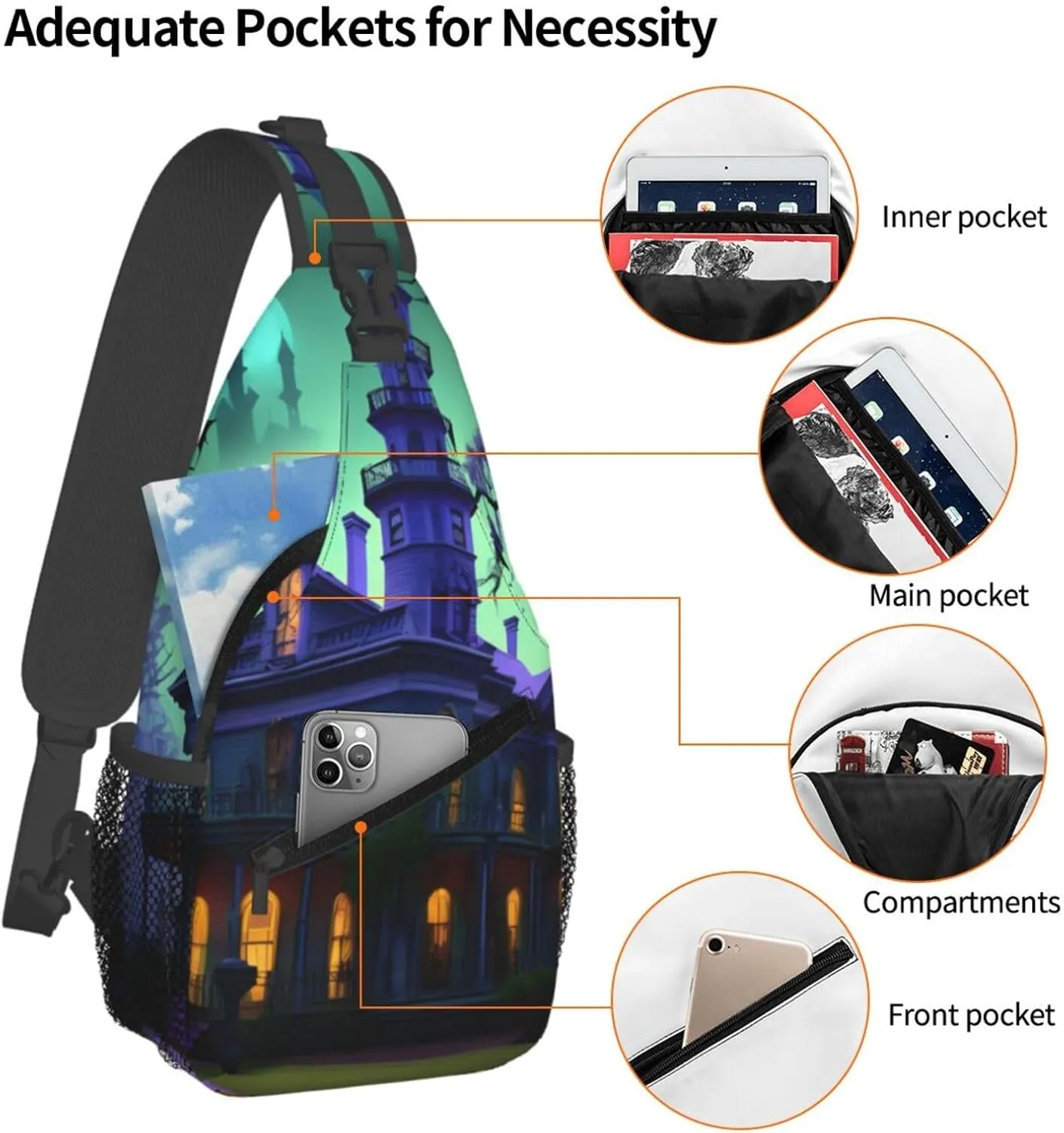 Men's Black Haunted Mansion Print Crossbody Shoulder Bag Travel Hiking Daypack for Women Crossbody Sling Backpack