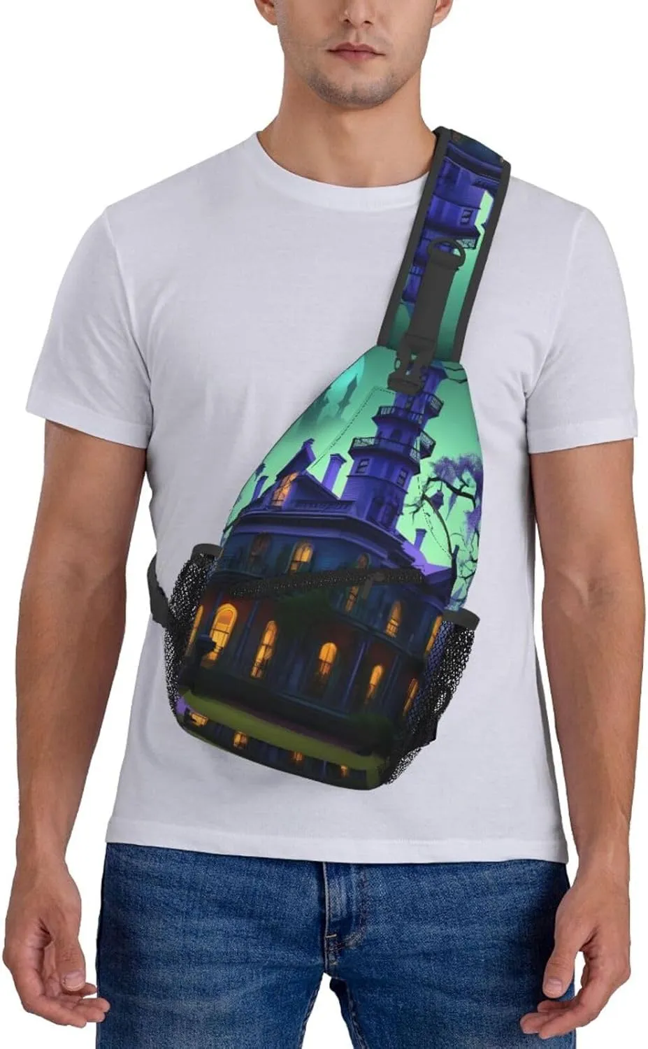 Men's Black Haunted Mansion Print Crossbody Shoulder Bag Travel Hiking Daypack for Women Crossbody Sling Backpack