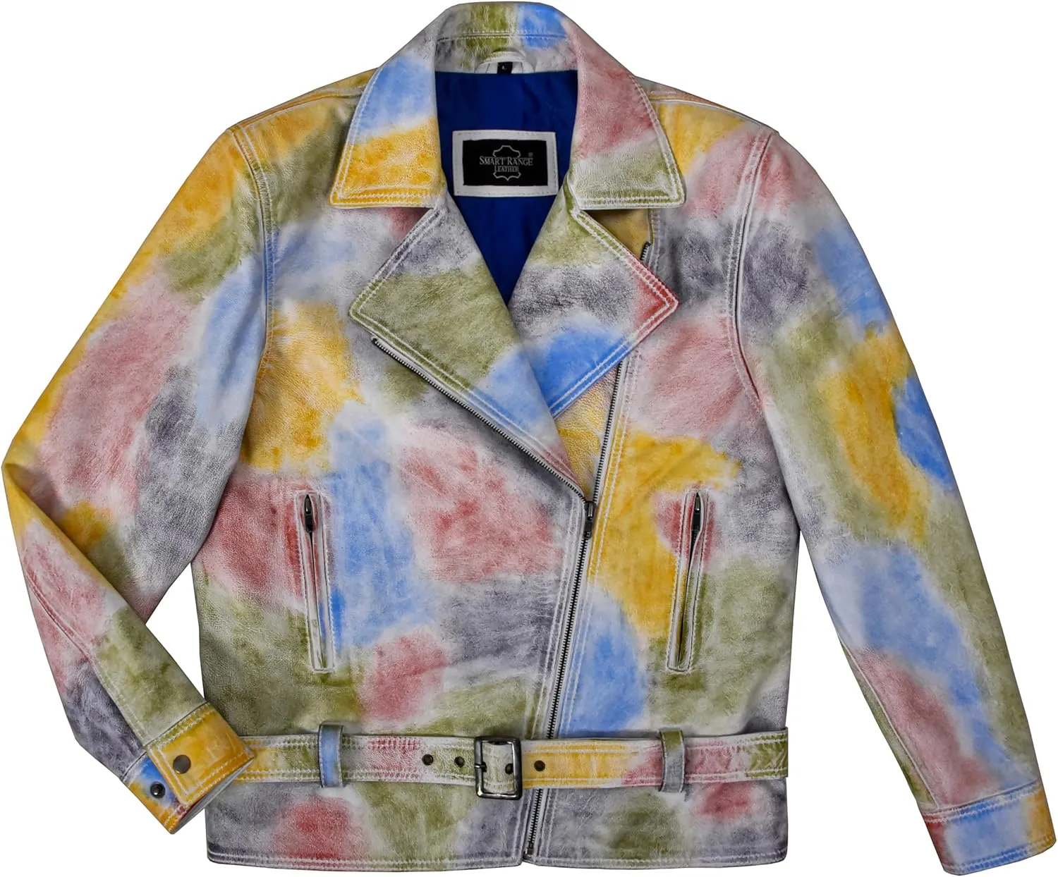 Men's Brando Biker Real Leather Jacket Multicolored Tie-dye Waxed Slim Fit Jacket 6222