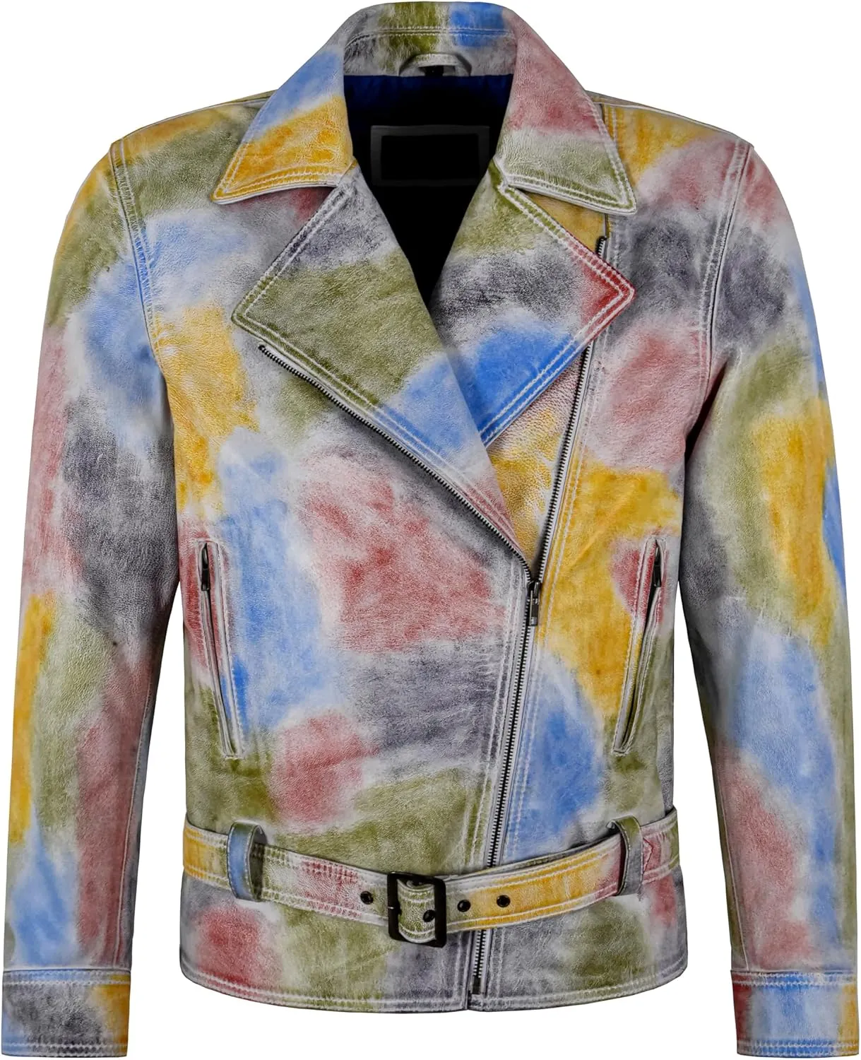 Men's Brando Biker Real Leather Jacket Multicolored Tie-dye Waxed Slim Fit Jacket 6222
