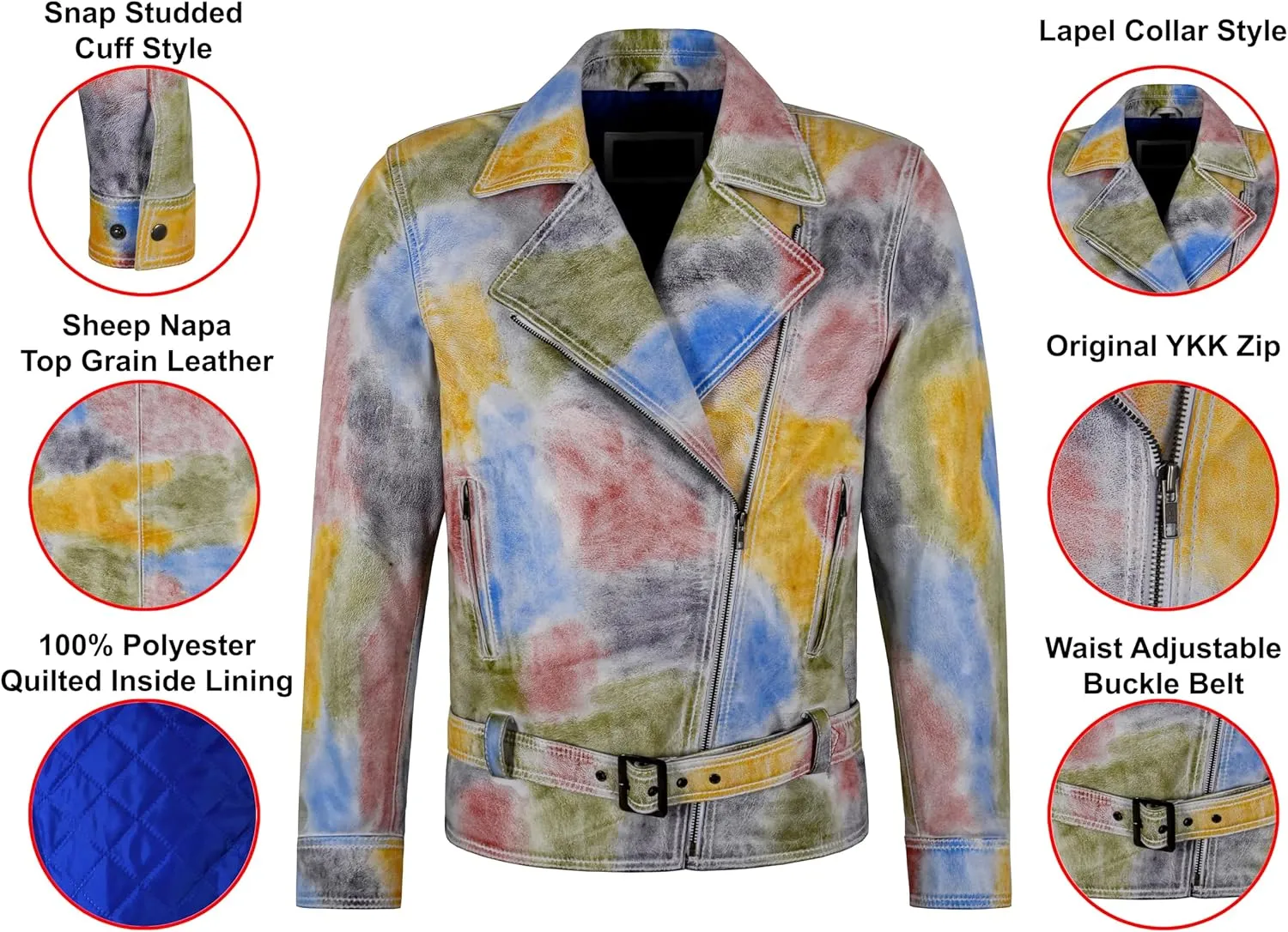 Men's Brando Biker Real Leather Jacket Multicolored Tie-dye Waxed Slim Fit Jacket 6222