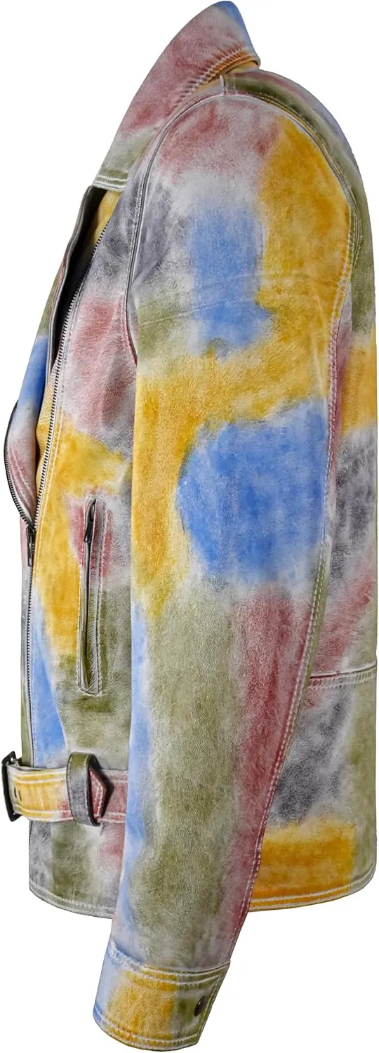 Men's Brando Biker Real Leather Jacket Multicolored Tie-dye Waxed Slim Fit Jacket 6222
