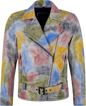 Men's Brando Biker Real Leather Jacket Multicolored Tie-dye Waxed Slim Fit Jacket 6222