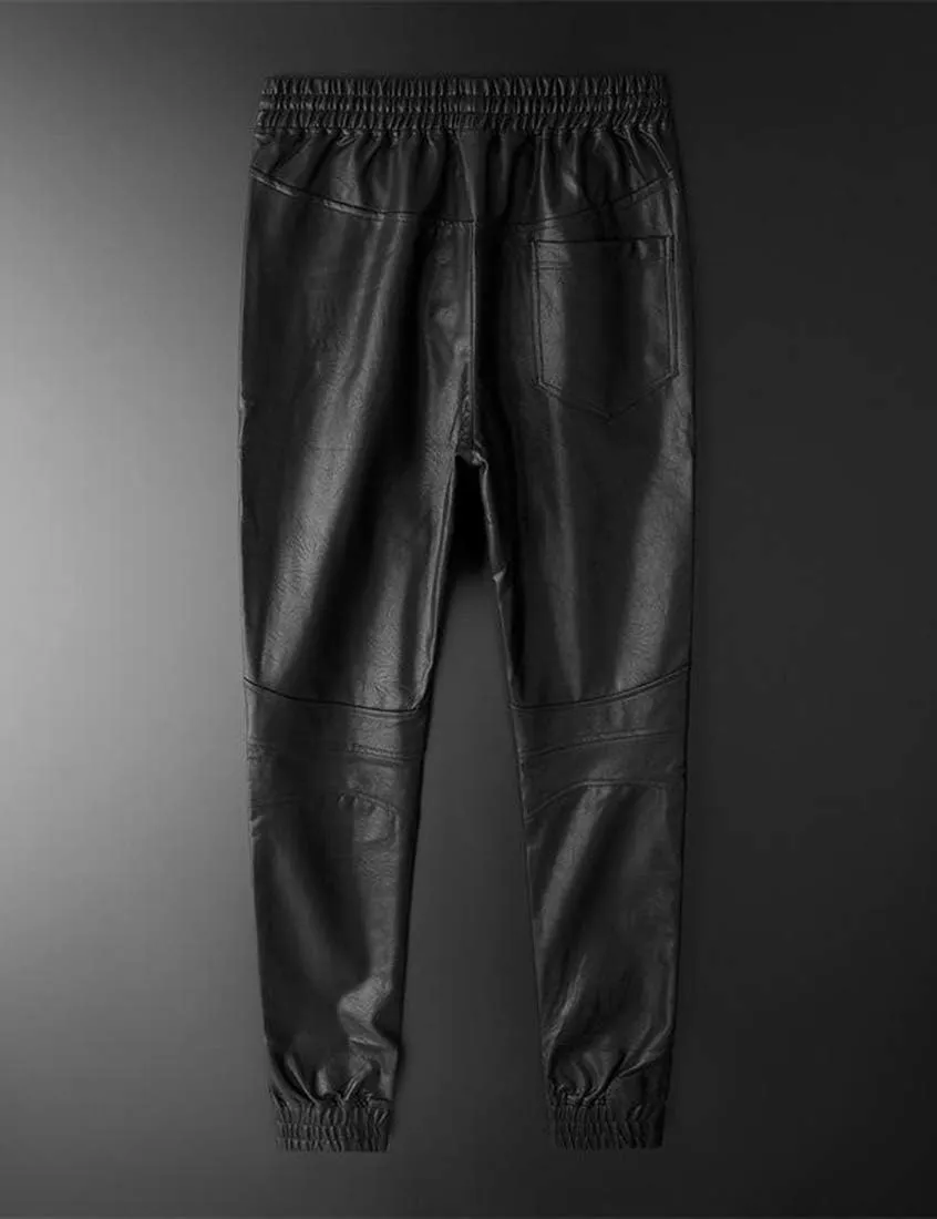 Men`s Faux Leather Jogger Elastic Waist Drawstring PU Harem Pants