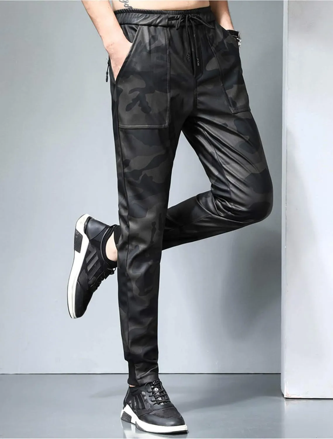 Men`s Faux Leather Jogger Elastic Waist Drawstring PU Harem Pants