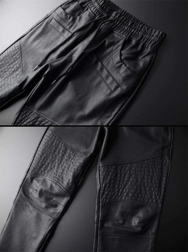Men`s Faux Leather Jogger Elastic Waist Drawstring PU Harem Pants
