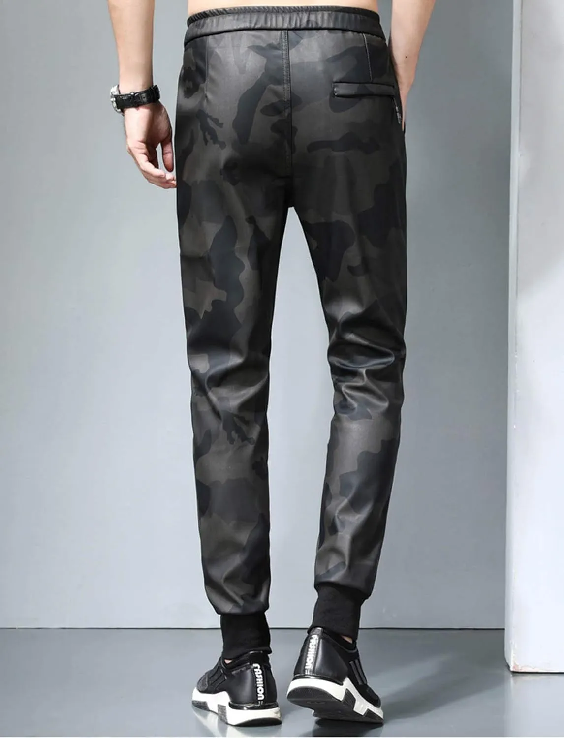 Men`s Faux Leather Jogger Elastic Waist Drawstring PU Harem Pants
