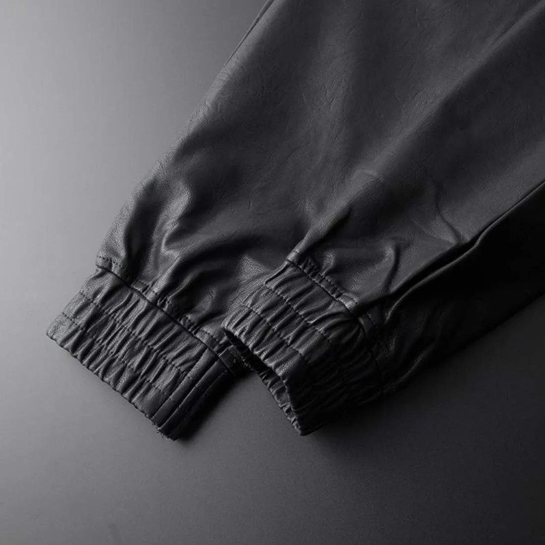 Men`s Faux Leather Jogger Elastic Waist Drawstring PU Harem Pants