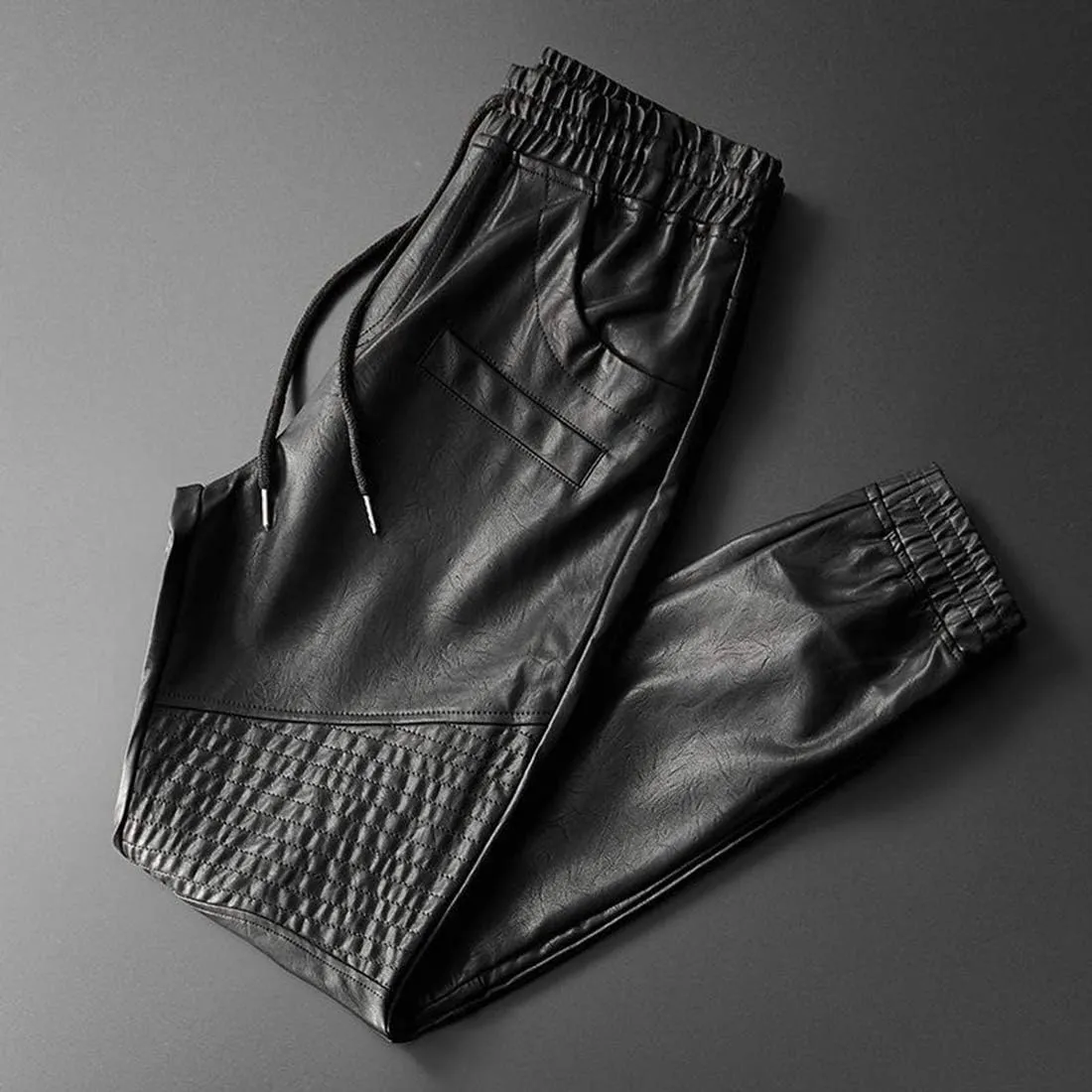 Men`s Faux Leather Jogger Elastic Waist Drawstring PU Harem Pants