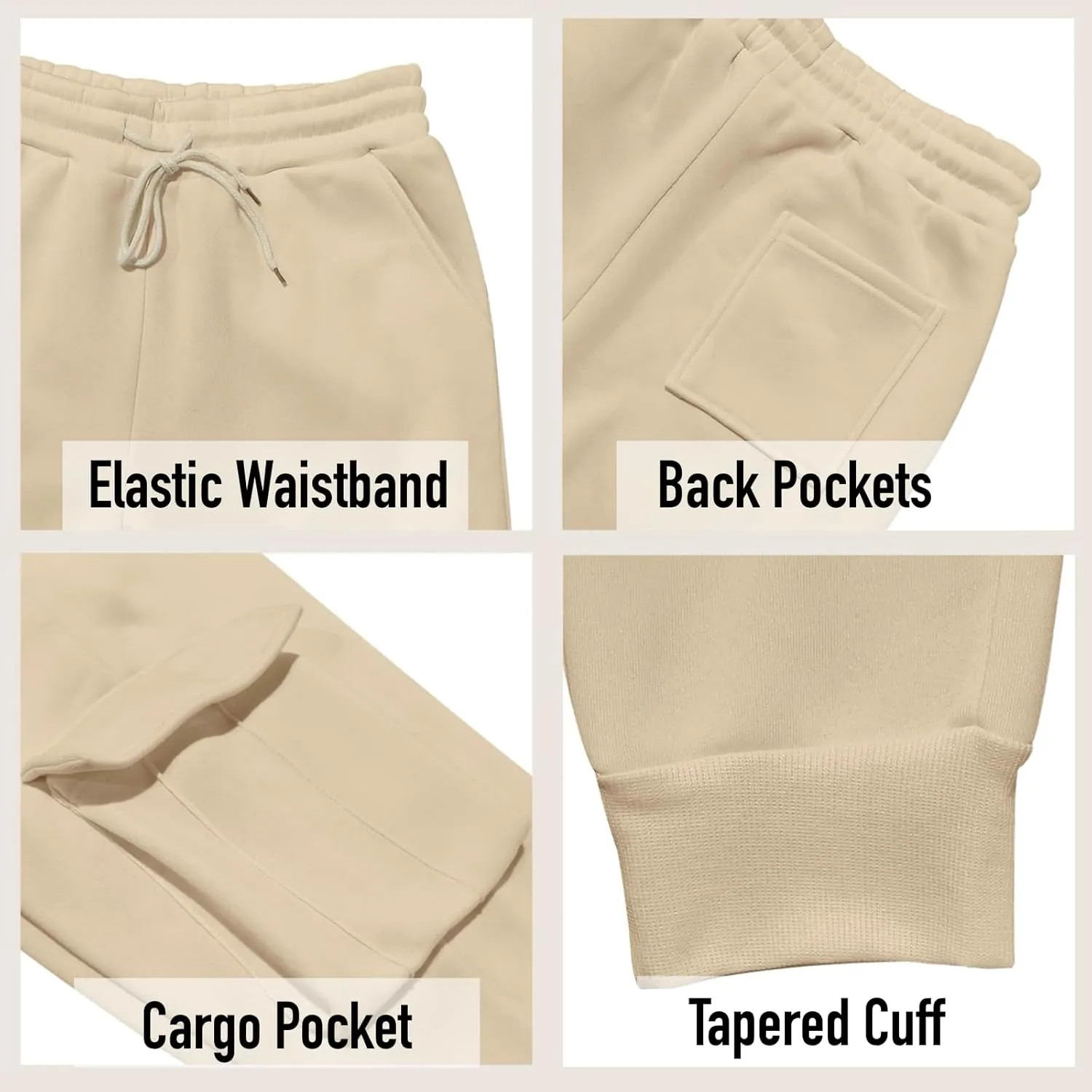 Mens Fleece Cargo Sweatpants Heavyweight Elastic Waist Pants with Pockets Baggy Drawstring Jogger Pants
