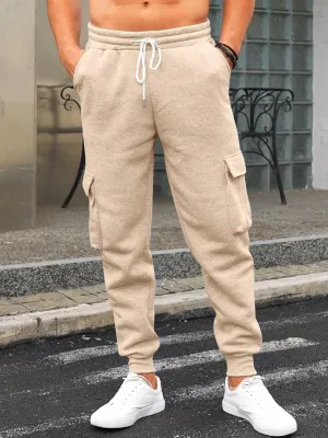 Mens Fleece Cargo Sweatpants Heavyweight Elastic Waist Pants with Pockets Baggy Drawstring Jogger Pants