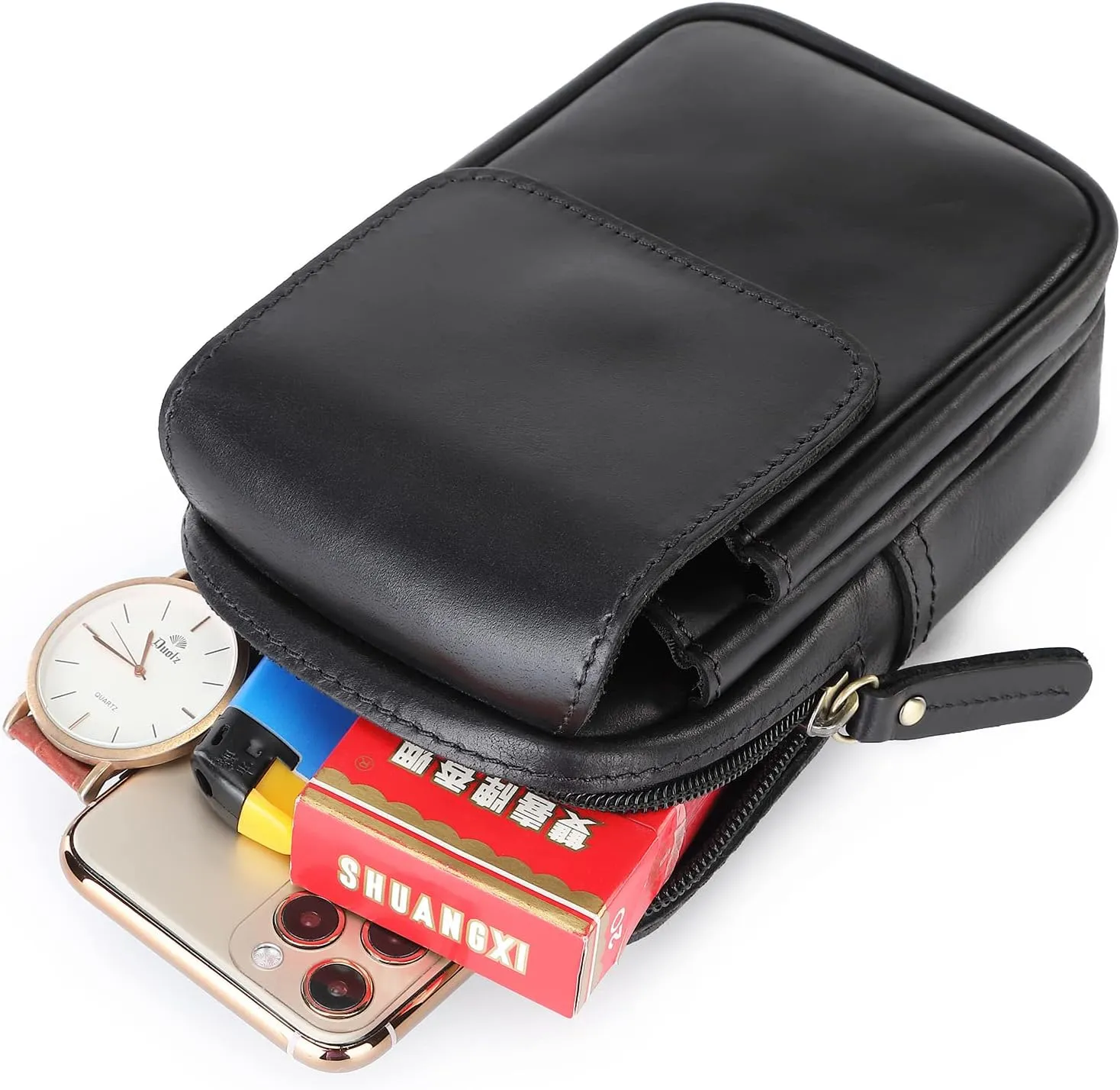 Men's Genuine Leather Waist Bag Snap Button Mobile Phone Pouch Retro Outdoor Three-layer Small Hanging Bag Belt Pack
