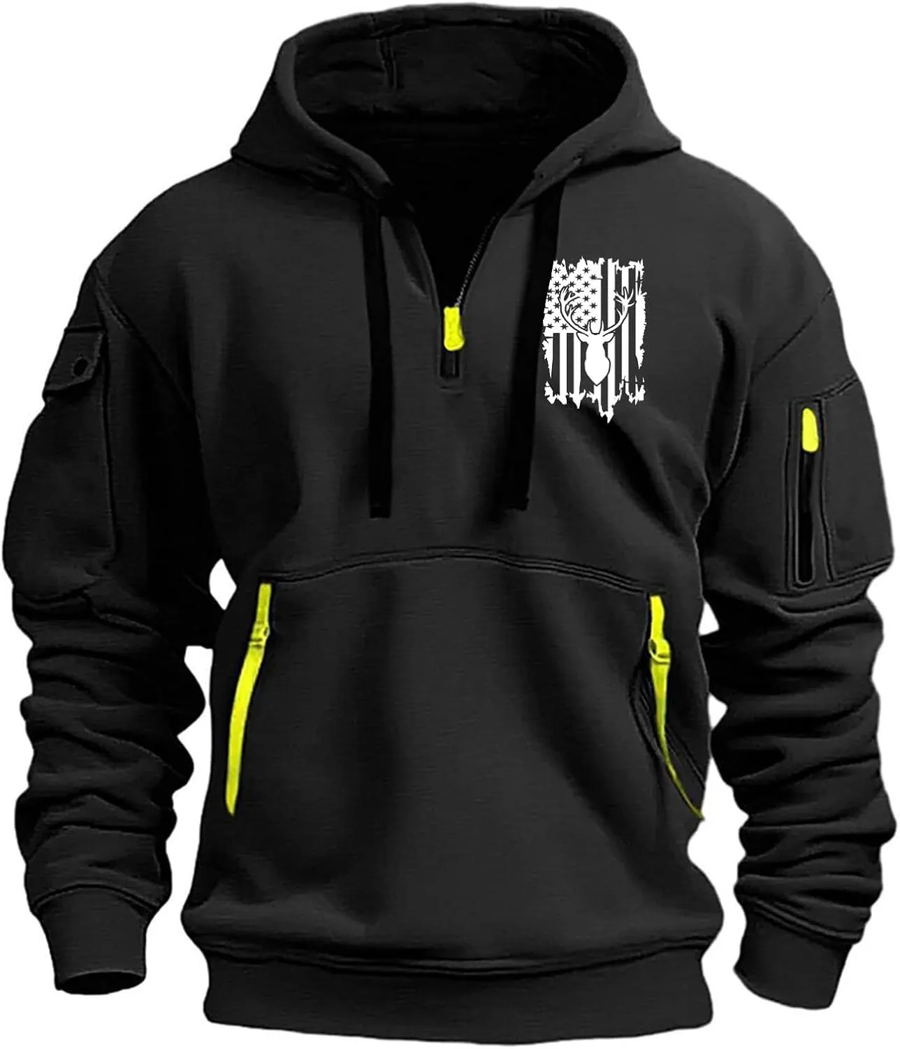 Men's Hoodies American Flag Print Tactical Cargo Hooded Sweatshirts Casual Long Sleeve Drawstring Vintage Pullover