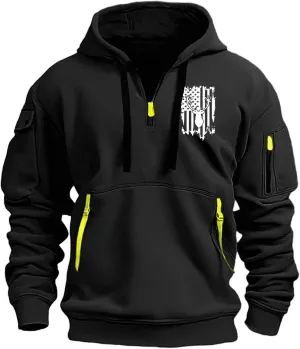 Men's Hoodies American Flag Print Tactical Cargo Hooded Sweatshirts Casual Long Sleeve Drawstring Vintage Pullover
