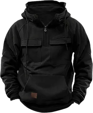 Mens Hoodies Graphic Design Quarter-Zip Drawstring Cargo Tactical Sweatshirts Fashion Long Sleeve Hooded Pullover