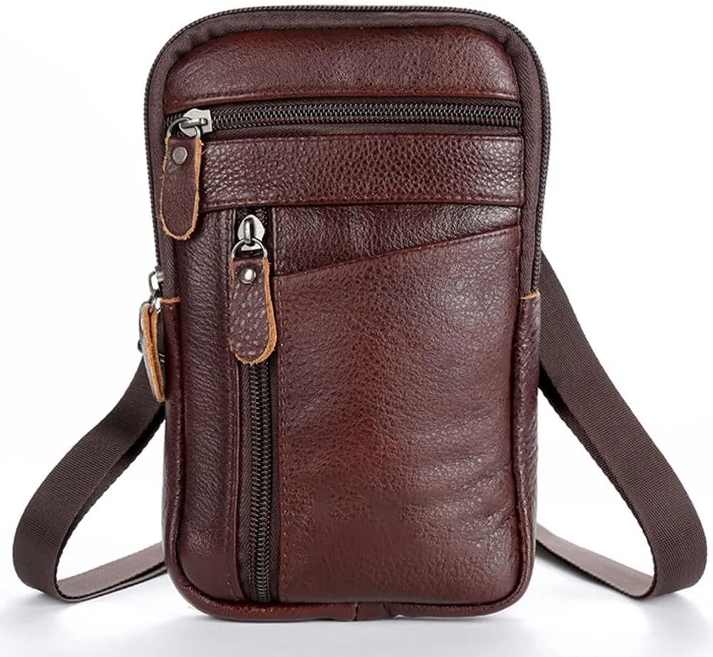 Men's Leather Fashion Phone Pouch Belt Bag Shoulder Crossbody Fanny Pack Small Crossbody Bag(Brown)