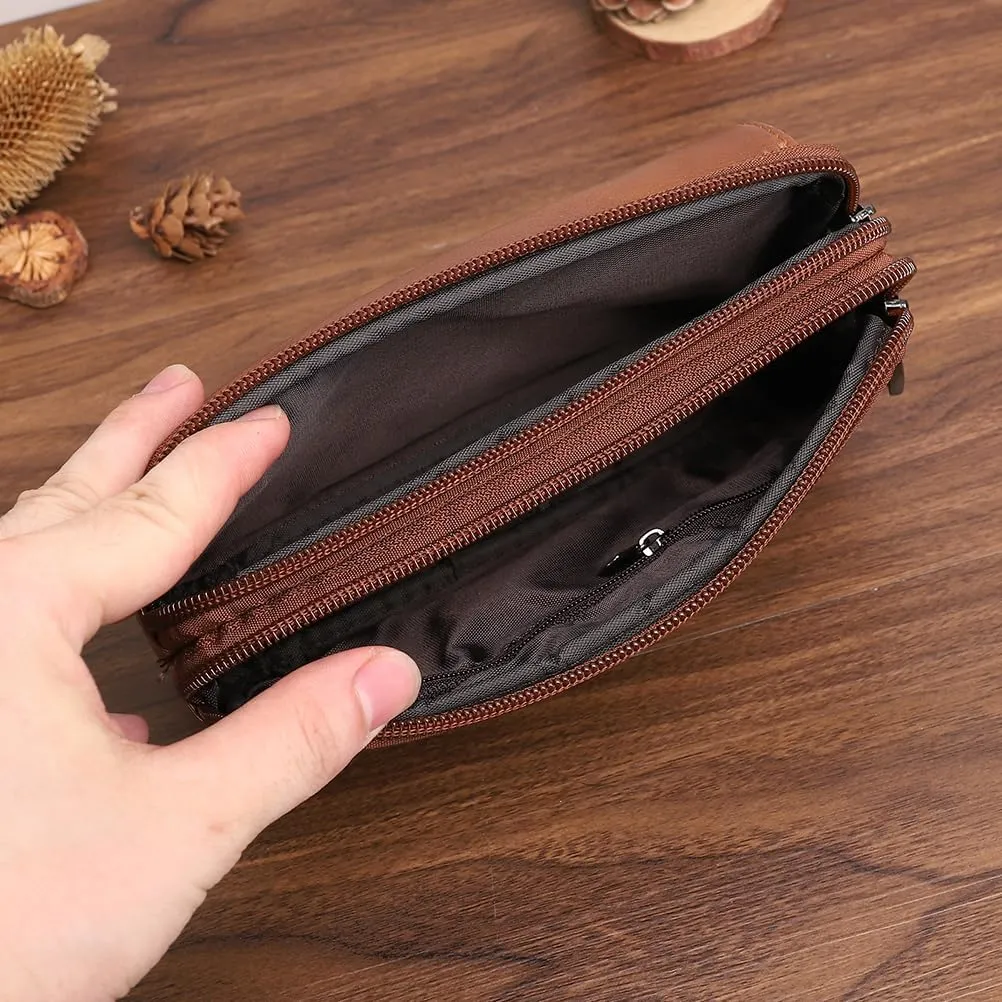 Men's Leather Waist Bag Leather Phone Purse Small Waist Pack Carry Pouch S Size Horizontal Black