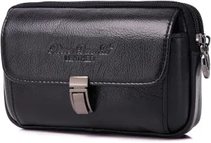 Men's Leather Waist Bag Leather Phone Purse Small Waist Pack Carry Pouch S Size Horizontal Black