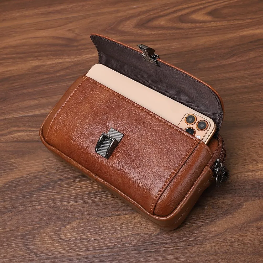 Men's Leather Waist Bag Leather Phone Purse Small Waist Pack Carry Pouch S Size Horizontal Black