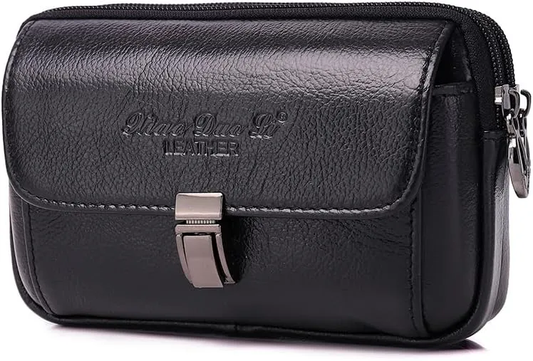 Men's Leather Waist Bag Leather Phone Purse Small Waist Pack Carry Pouch S Size Horizontal Black