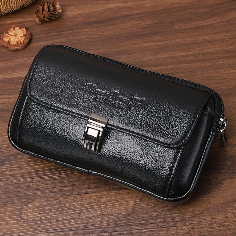 Men's Leather Waist Bag Leather Phone Purse Small Waist Pack Carry Pouch S Size Horizontal Black