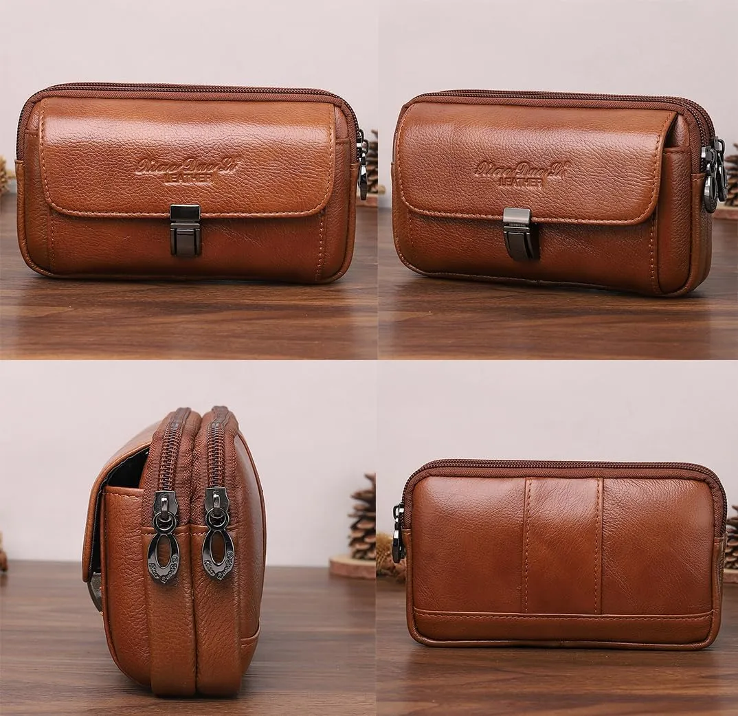 Men's Leather Waist Bag Leather Phone Purse Small Waist Pack Carry Pouch S Size Horizontal Black