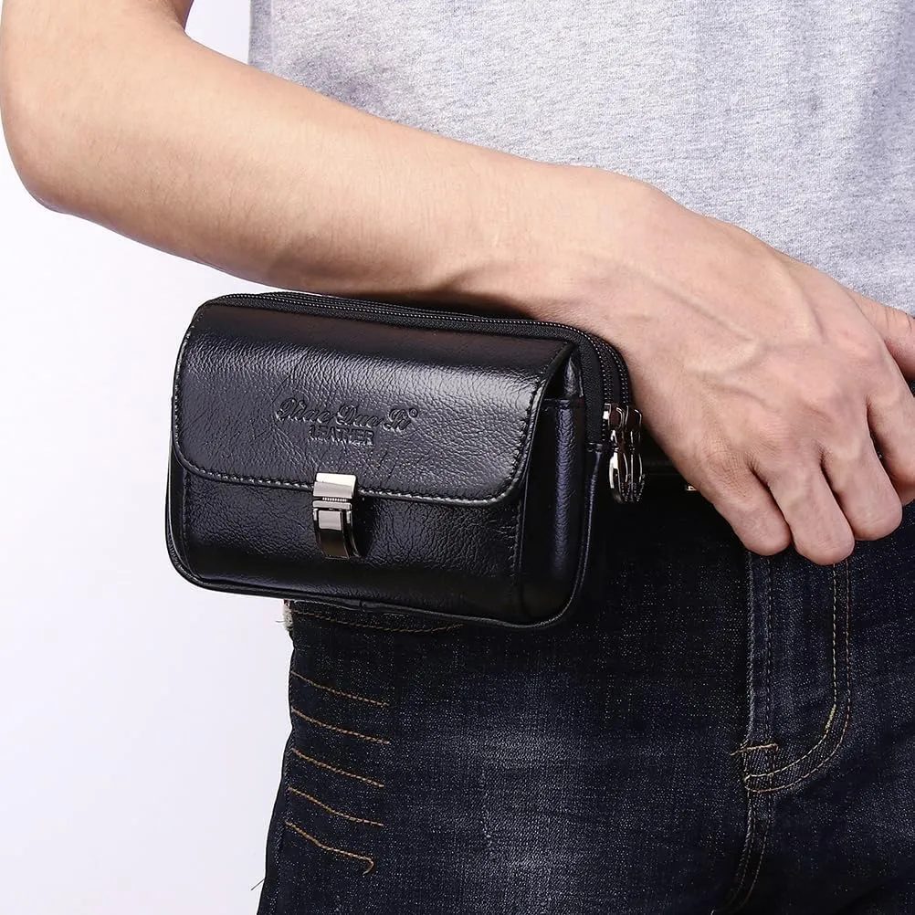 Men's Leather Waist Bag Leather Phone Purse Small Waist Pack Carry Pouch S Size Horizontal Black