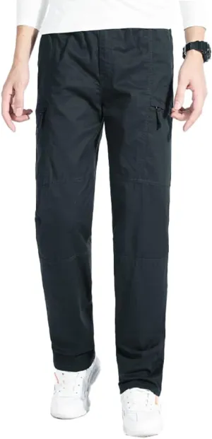 Men's Loose Fit Cargo Pants Drawstring Cotton Tactical Pants with Zipper Pockets
